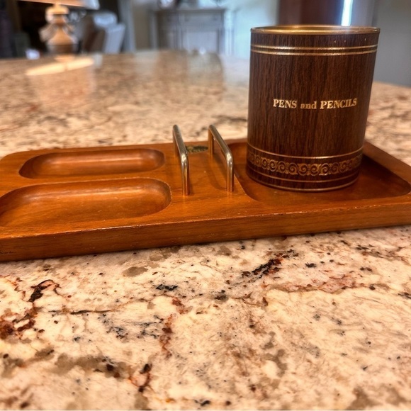 Vintage office desk set pencils pens paper clip sticky note organizer walnut - Picture 10 of 10